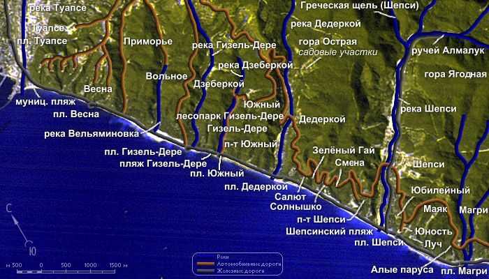 Карта села Шепси с пляжами, достопримечательностями, районами, транспортом, отелями